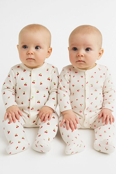 Bebe wini Cherry and Ecru Floral 100% Cotton 2-Piece Booties Romper