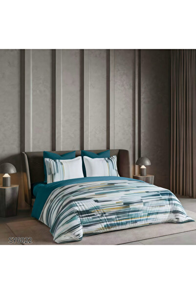 FIONNA.RO Digitally Printed Finet Bed Linen With Elastic - Turquoise Stripes