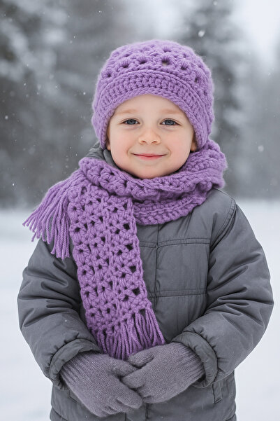 Yalçınoğlu Kids Hand Knitted Wool Children's Scarf Beanie Set |   3-8 Years Old |   Handmade Winter Set |   Warm Holder Winter Set I
