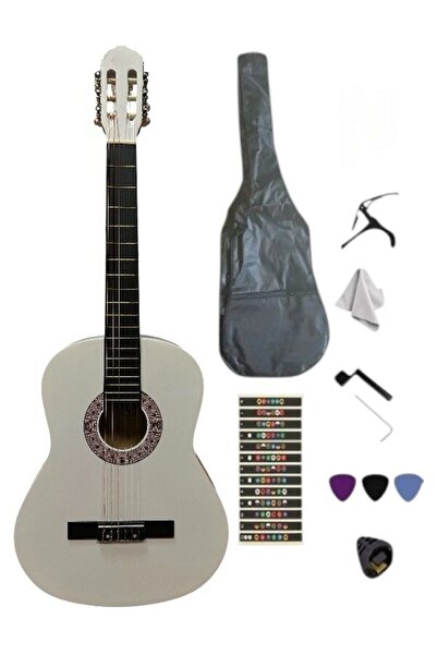 Sazhane 4/4 Sap Ayarlı Beyaz Klasik Gitar Seti (KILIF-PENA-KAPO-NOTA STİCKER...)