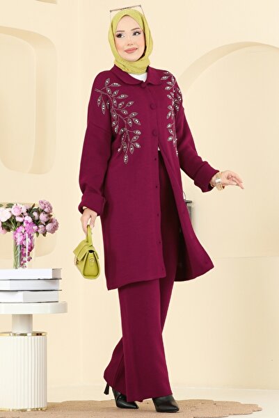 ModaMerve İşleme Detaylı Triko Takım 2745AYD574-MS Bordo