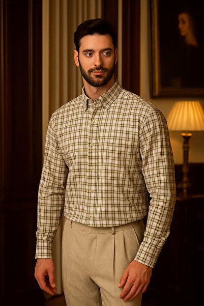 ŞIK VE MUTLU Cream Plaid Premium Classic Men's Shirt