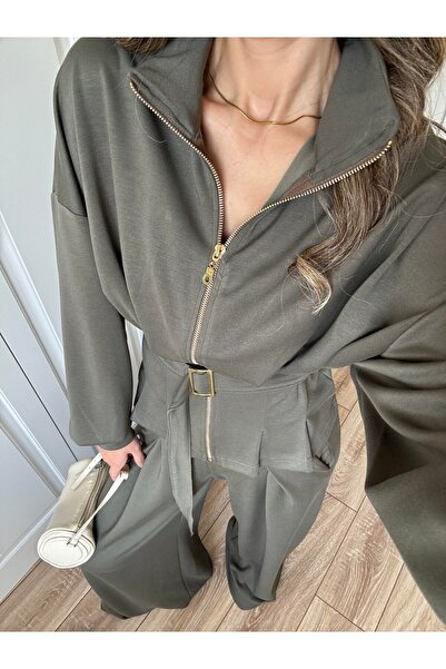 manana fashion Khaki Belt Detailed Wide Leg Modal Suit