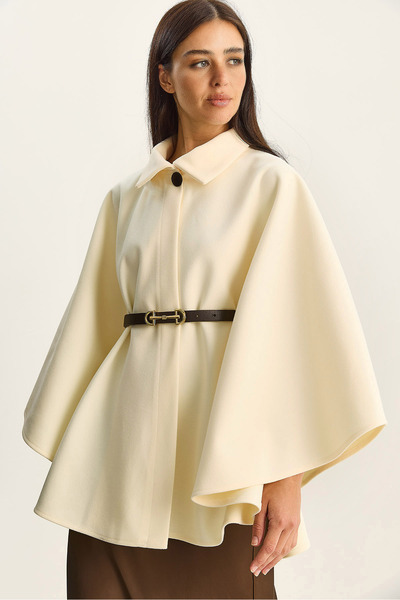Bianco Lucci Women's Collared Single Button Detailed Belted Cashmere Poncho 9170 60283812