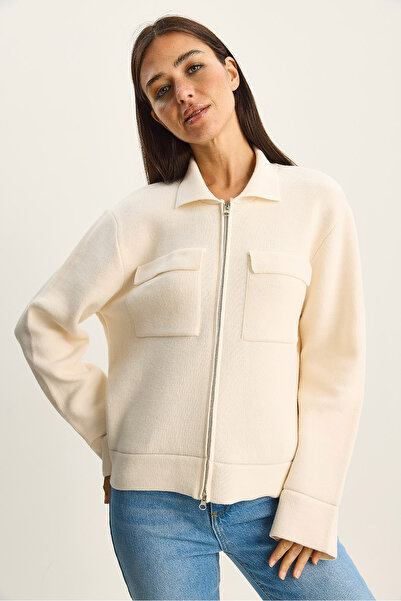 Bianco Lucci Women's Double Pocket Detailed Zipper Closure Knitwear Jacket Cardigan Th251076 60283802