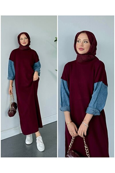 GÜZELLER Knitwear Dress with Denim Detail on the Sleeves