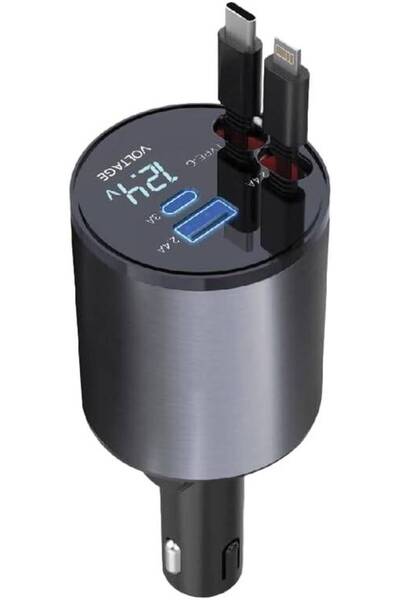 Green Lion شاحن سيارة 4 في 1 - كابلات مدمجة، 80 سم، 50 واط PD، شاشة رقمية (أسود)