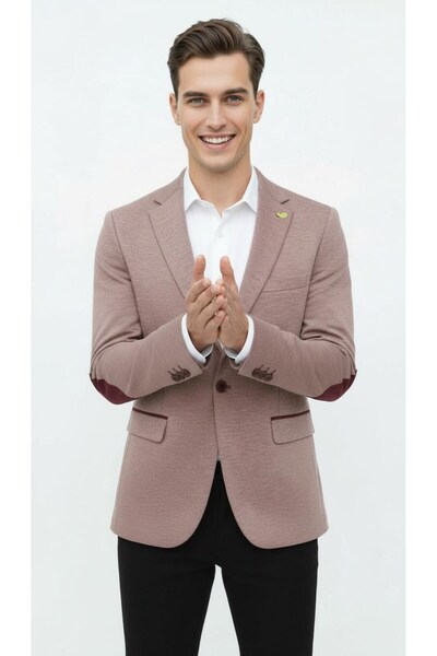 Plus Scorpion Light Pink Men's Italian Cut Blazer Jacket – Sleeve Patched, S Slim Fit Stylish and Modern Tasa