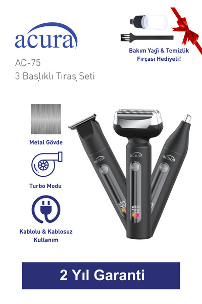 Acura AC-75 3 Başlıklı Metal Gövdeli Tıraş Seti