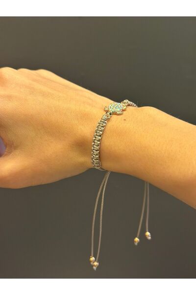 Gönülden Tasarım Zircon Stone Embellished Turtle Macrame Cord Bracelet