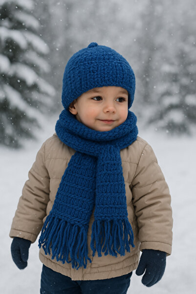 Yalçınoğlu Kids Hand Knitted Wool Children's Scarf Beanie Set | 3-8 Years Old | Handmade Winter Set | Warm Holder Winter Set I