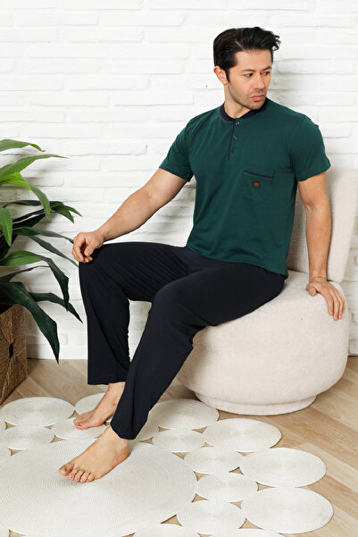 Enisena Men's 100% Cotton Pajama Set-3 Buttons-Collar Pocket 12384