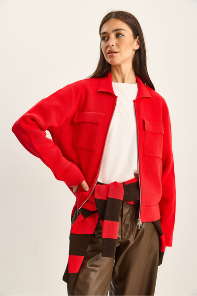 Bianco Lucci Women's Double Pocket Detailed Zipper Closure Knitwear Jacket Cardigan Th251076 60283802