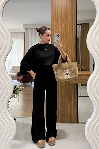 YAKAMEL KADIN MODAL PREMİUM UZUN KOLLU YÜKSEK BEL BOL PAÇA EŞOFMAN TAKIMI