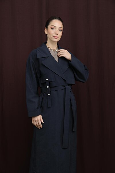 Puane Kadın Cep Kapağı Detaylı Kuşaklı Trençkot - 15228TRC - NAVY