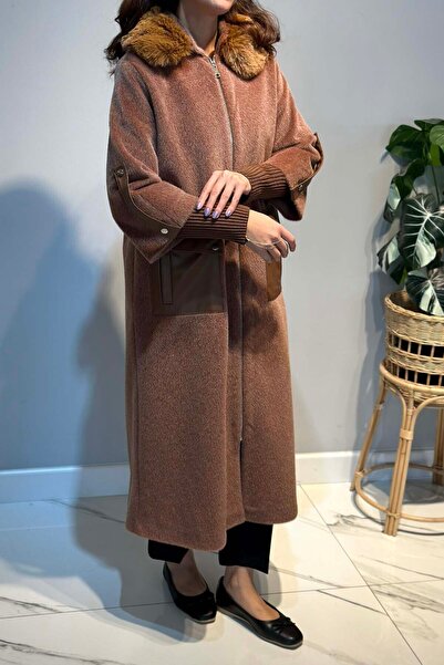Lale Butik Leather Pocket Detail Fur Coat 2596 Camel