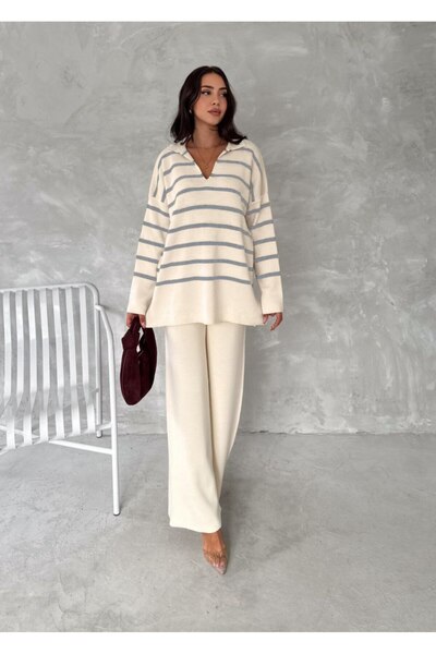 BİGAMTEKSTİL طقم سترة تريكو شتوية سميكة مخططة للسيدات من Palazzo طقم مكون من ...