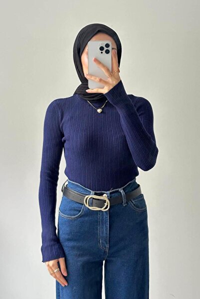 lamelif Πλεκτό κορμάκι με λαιμόκοψη με ραβδώσεις σε μπλε ναυτικό