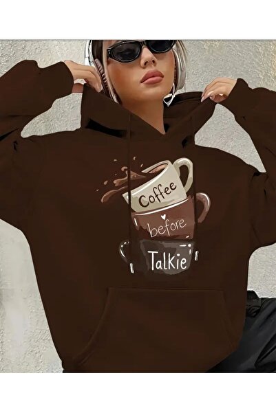 herkesemoda Coffe Print Detailed Hooded Sweatshirt Brown