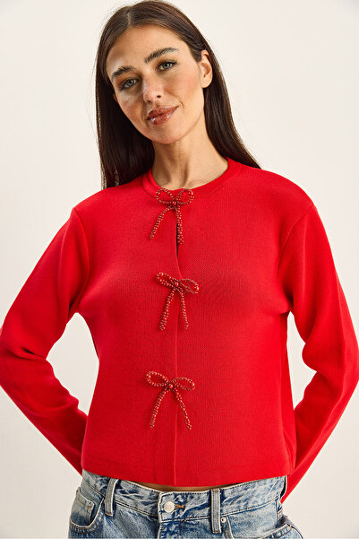 Bianco Lucci Women's Pearl Bow Accessory Knitwear Cardigan Th251072 60283820