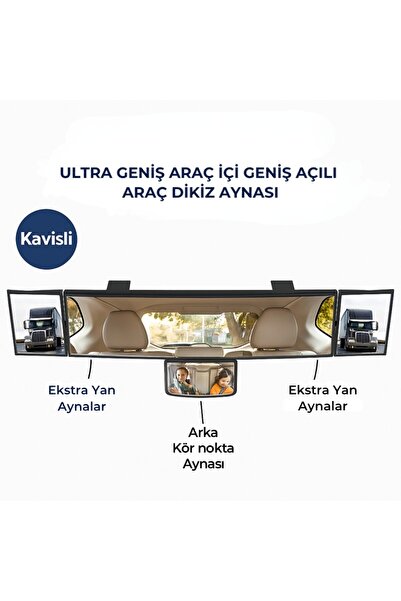 Kavisli Ultra Geniş Araç İçi Dikiz Aynası | Ekstra Yan ve Kör Nokta Aynalı, Tüm Araçlara Uyum