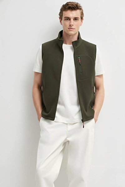Kozik Men's Khaki Vest Sleeveless 3 Pockets Men's Fleece Casual Standard Comfortable Zippered Fleece Vest Men
