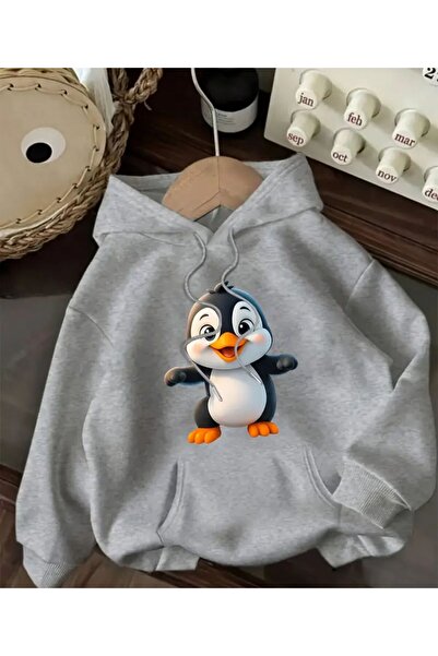 herkesemoda Cute Penguin Print Detailed Hooded Sweatshirt Gray