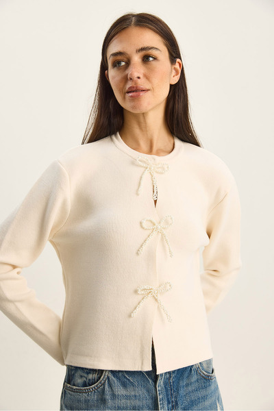 Bianco Lucci Women's Pearl Bow Accessory Knitwear Cardigan Th251072 60283820