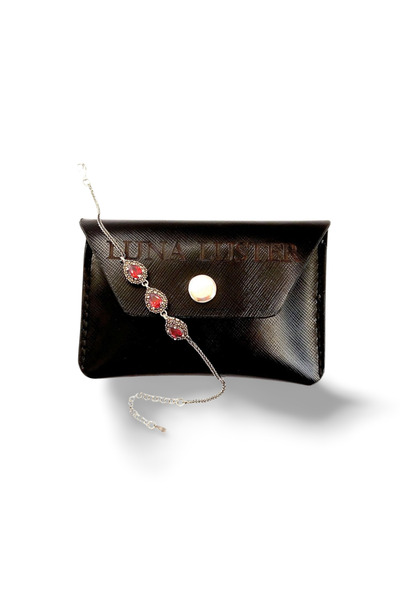 LUNA LUSTER Genuine Leather Men's Black Minimal Card Holder Silver Women's Red Drop Bracelet