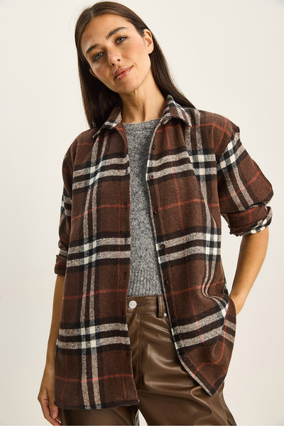 Bianco Lucci Women's Plaid Patterned Oversized Lumberjack Shirt Dg251061 60283825