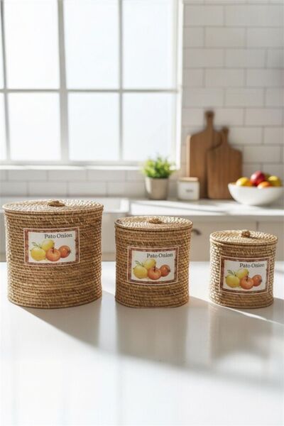 Bayev Favorite 9107 3'Lü Rattan Sebzelik Set - 3 Boy Hasır Kapaklı Patates Soğan Sarımsak Sebze Sepeti