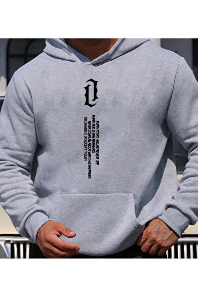 herkesemoda Hooded Sweatshirt with Vertical Letter Print Detail Gray