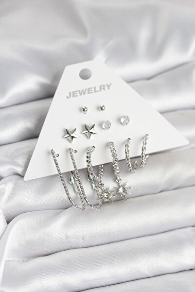 Acousticworld Brass Silver Color Earring Set of 6