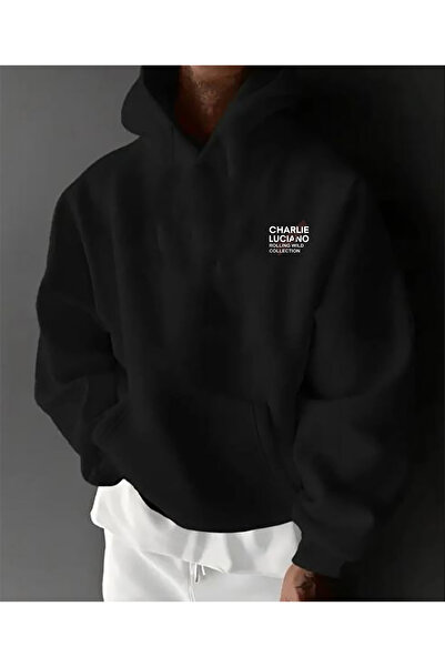 herkesemoda سويت شيرت تشارلي بغطاء رأس بتفاصيل مطبوعة باللون الأسود