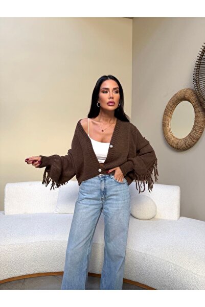 MODAMERSİ Women's Brown Front Buttoned Tassel Detailed Knitwear Cardigan