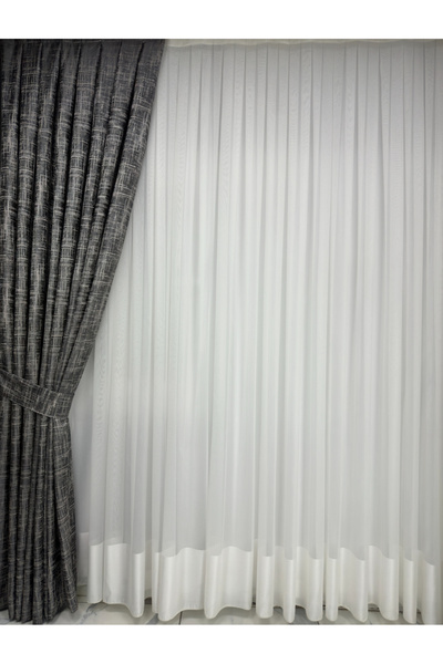 perkoz Etek Desenli Düz Tül Perde 1/3 Sık Pile