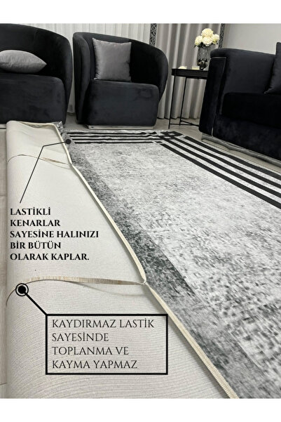 BGV HOME Black Striped Modern Gray Carpet Cover - Minimal Design Elastic and Sponge Non-Slip Base Washable