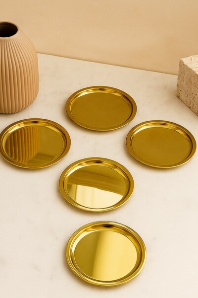 Anadolu Saray 6 Pcs Stainless Steel 21cm Gold Appetizer Serving and Presentation Plate Stylish Presentation Design