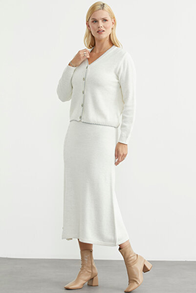 Sementa Flared Skirt Cardigan Knitwear Set - Bone