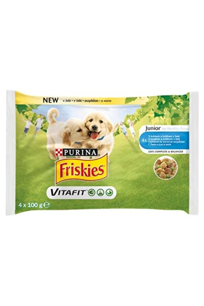 Friskies VitaFit Junior Hrană umedă pentru câini, Pui și Mazăre în Jeleu, 4x100g