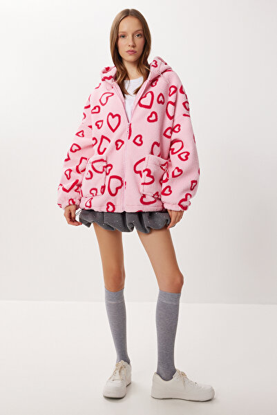 Lovelyİstanbul Hooded Hearts Oversized Plush Coat Lci0058 Pink