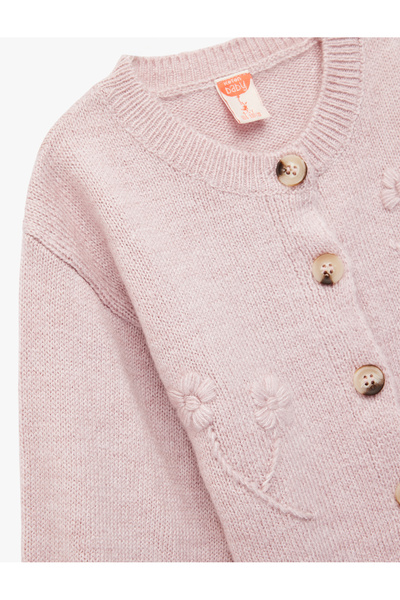 Koton Long Sleeve Crew Neck Floral Embroidery Detailed Knitwear Cardigan