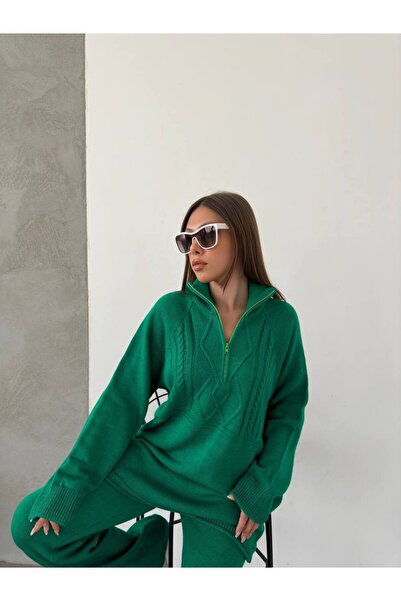 GİYSİ DÜNYASI 57 Knitted Fabric Zippered Polo Collar Sweater Pants 2-Piece Set