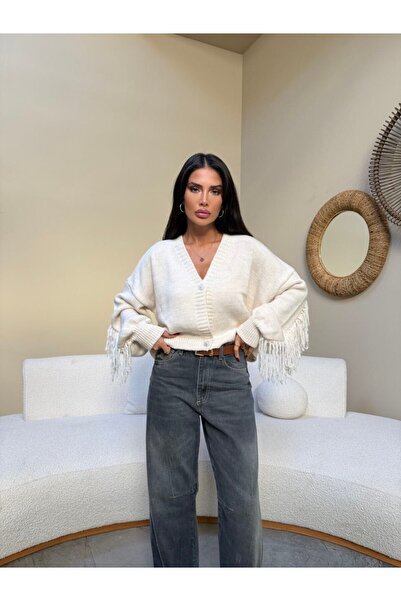 MODAMERSİ Women's Ecru Buttoned Front Tassel Detailed Knitwear Cardigan