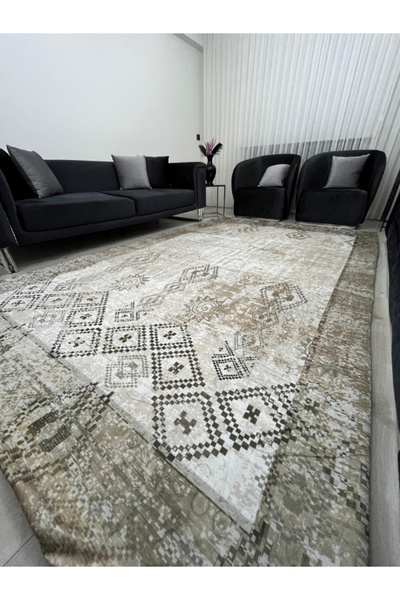 BGV HOME غطاء سجادة منقوش بوهيمي عتيق - درجات اللون البيج والبني، قاعدة غير قابلة للانزلاق، قابل للغسل