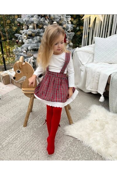 Yalçınoğlu Kids Girl's New Year/Christmas Concept 3-Piece Plaid Set: Suspender Skirt, White Blouse and Beret Set