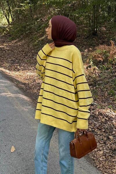 lamelif Πλεκτό πουλόβερ με ρίγες κίτρινο
