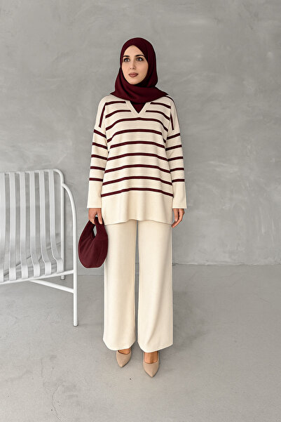 BİGAMTEKSTİL Women's Striped Thick Winter Knitwear Sweater Palazzo Bottom Top...