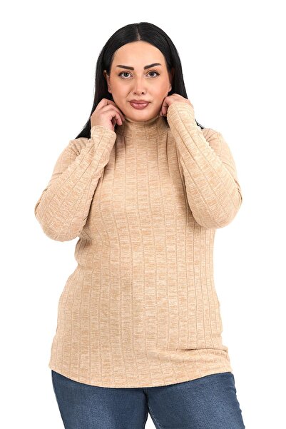 DISENTIS MODEST Plus Size Half Fisherman Long Sleeve Knitwear Striped Beige Color Bodysuit