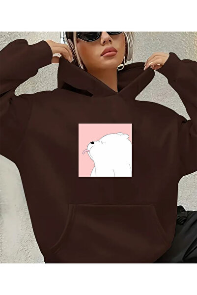 herkesemoda Cute Panda Print Detailed Hooded Sweatshirtk Brown